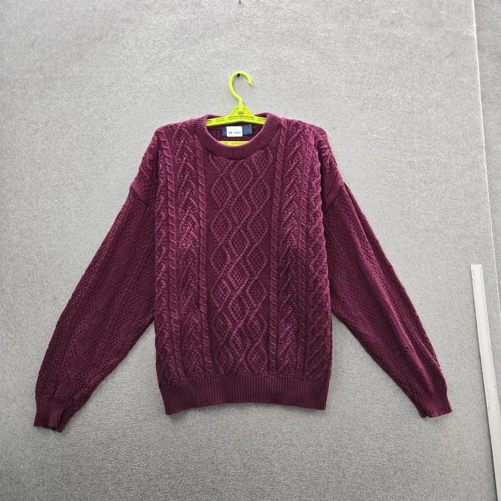 VINTAGE Cambridge Classics Men Sweater L Purple Cable‎ Knit Fisherman 90s USA